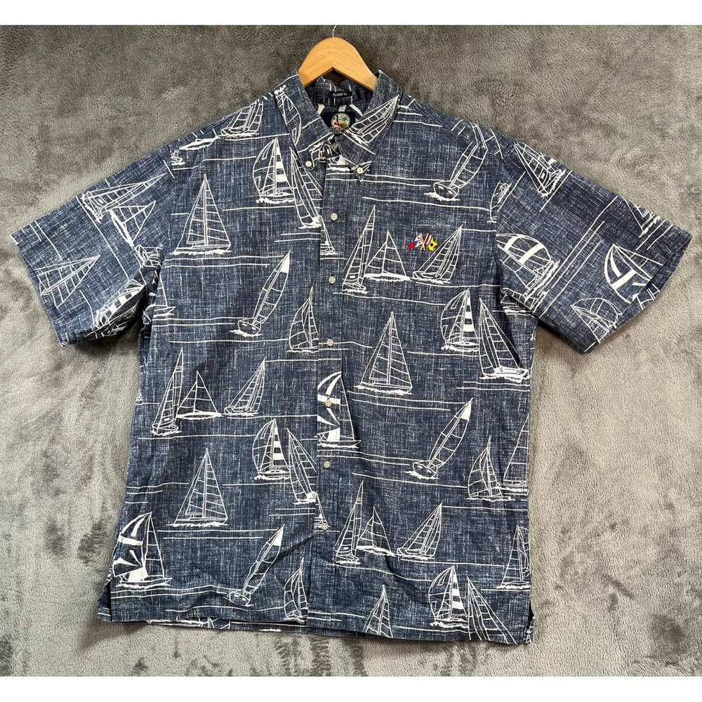 REYN SPOONER Hawaiian Shirt 2XL Blue Nautical Sailboat Yacht Theme Reverse Print